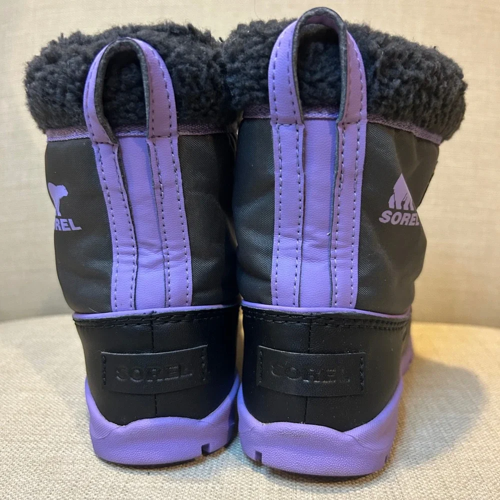 Sorel Whitney II Short Lace Waterproof Winter Boots Black Purple Kids Size 3
